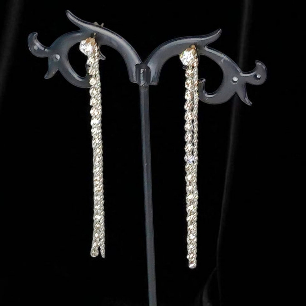 Sterling Diamond Stud Earrings Rhinestone Linear Drop.Showgirl Sparkly Tassels